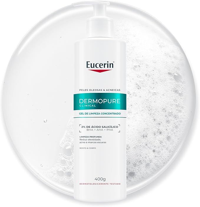 Eucerin Gel de Limpeza Facial AntiAcne DermoPure Clinical Concentrado 400ml, Peles Oleosas e Acneicas